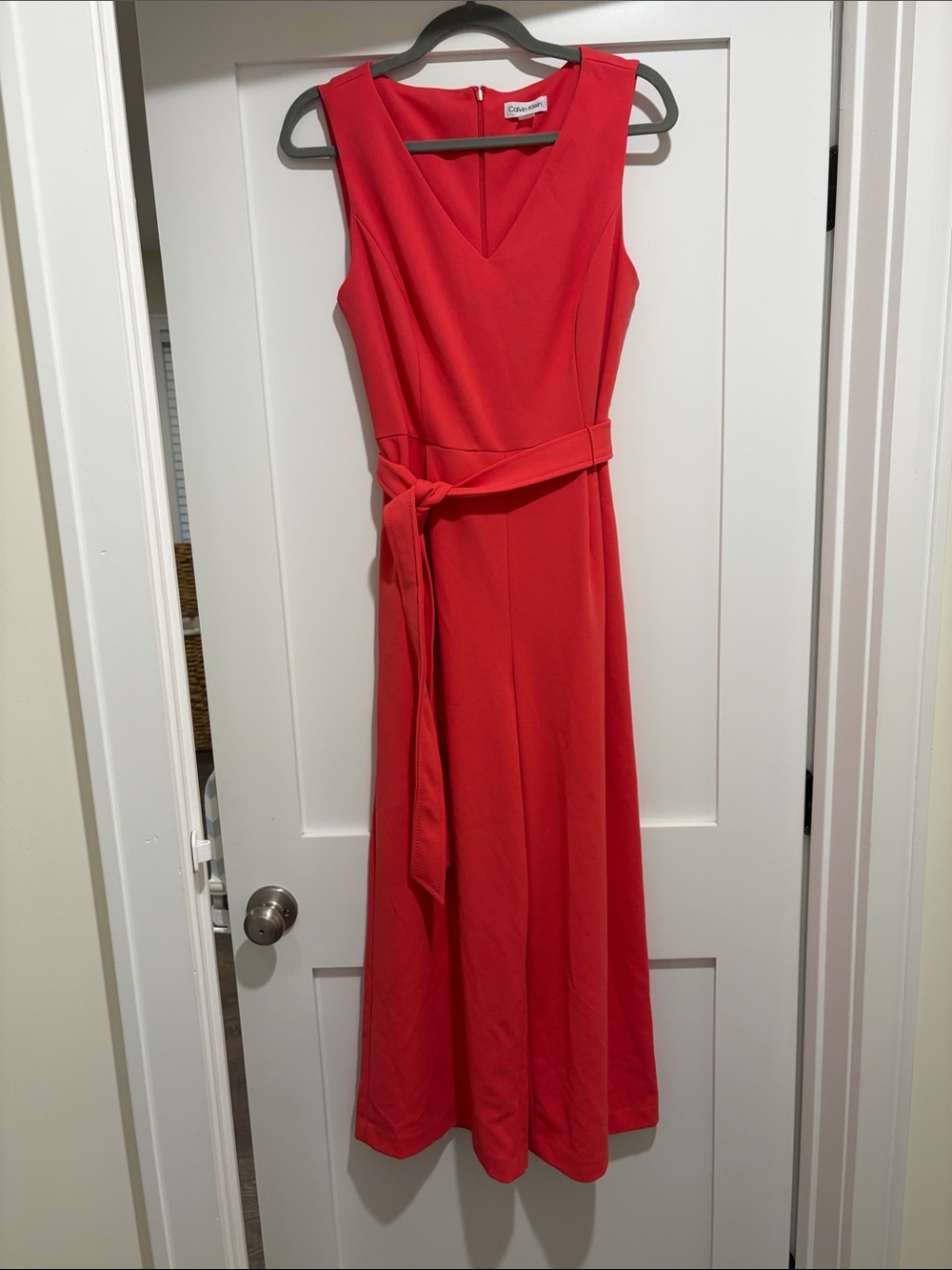 Calvin Klein Pink Sleeveless V-Neck Jumpsuit with Waist Tie